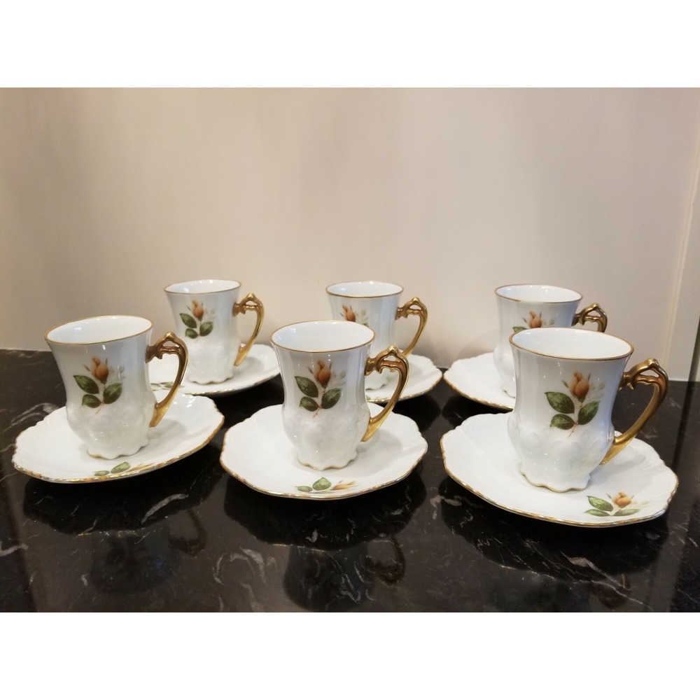 Vintage Set of 6 Hand Painted Porcelain Chocolate Cups& Saucers Bavaria